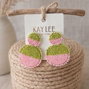 Kay Lee Pink Green Two Tone Beaded Earrings New